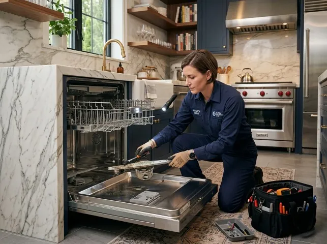 Appliance Repair Hero technician servicing a built-in dishwasher in a Bound Brook, NJ kitchen